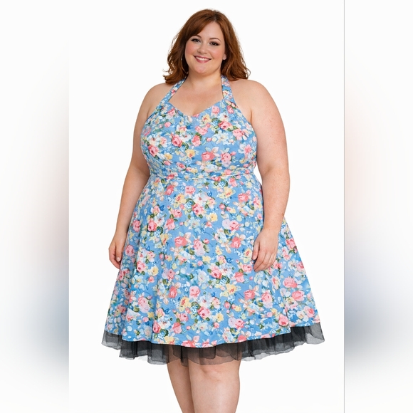 Handmade Vintage Floral Halter Dress XL / 2XL – Retro Fit & Flare with Tulle Hem - Picture 9 of 9